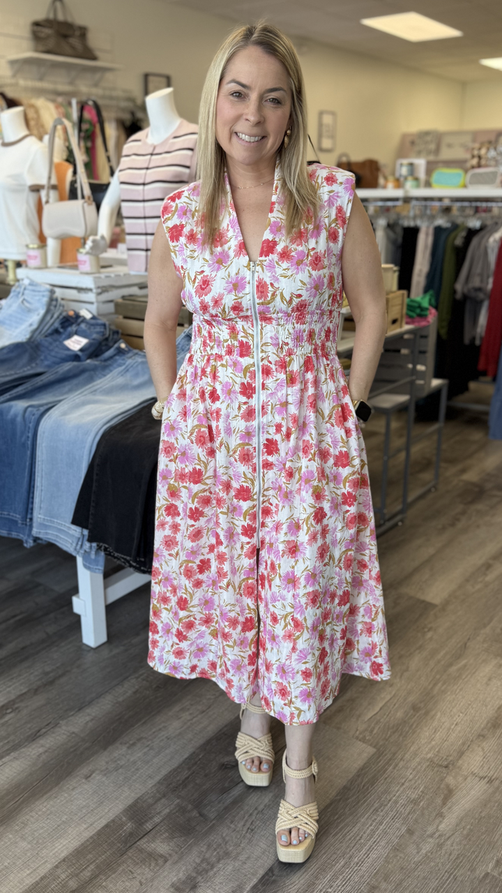 Floral Print Jacquard Cotton Front Zip Closure Midi Dress