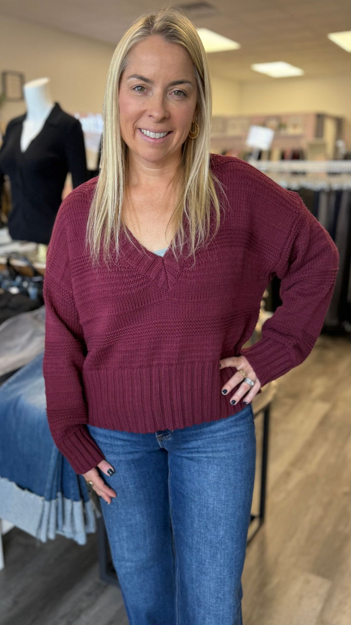 Burgundy Chunky V Neck Sweater