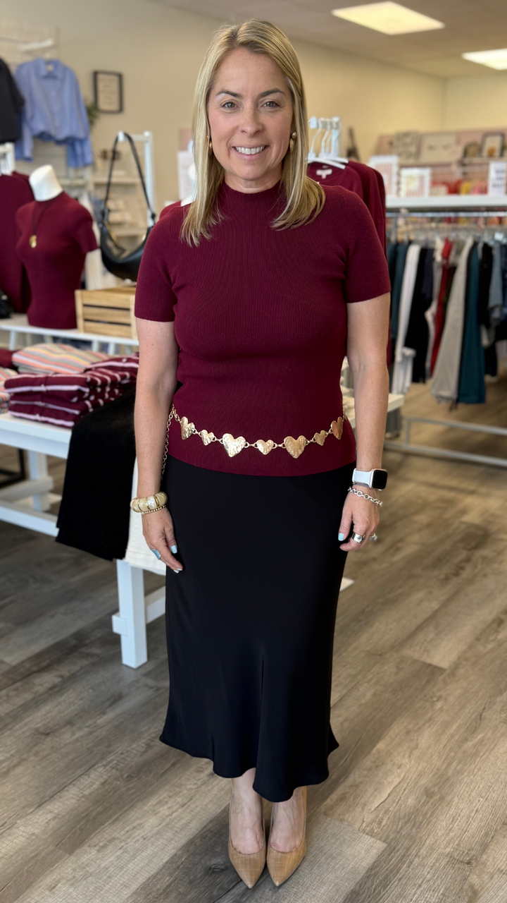 Burgundy Short Sleeve Soft Knit Sweater Top