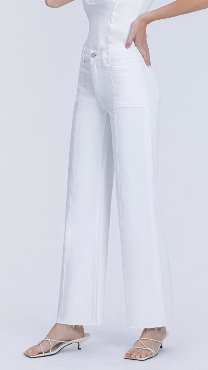 High Rise Optic White Full Length Stacked Waistband Wide Leg Jeans