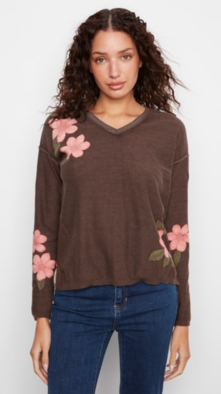 Coffee Floral Reversible V Neck Sweater
