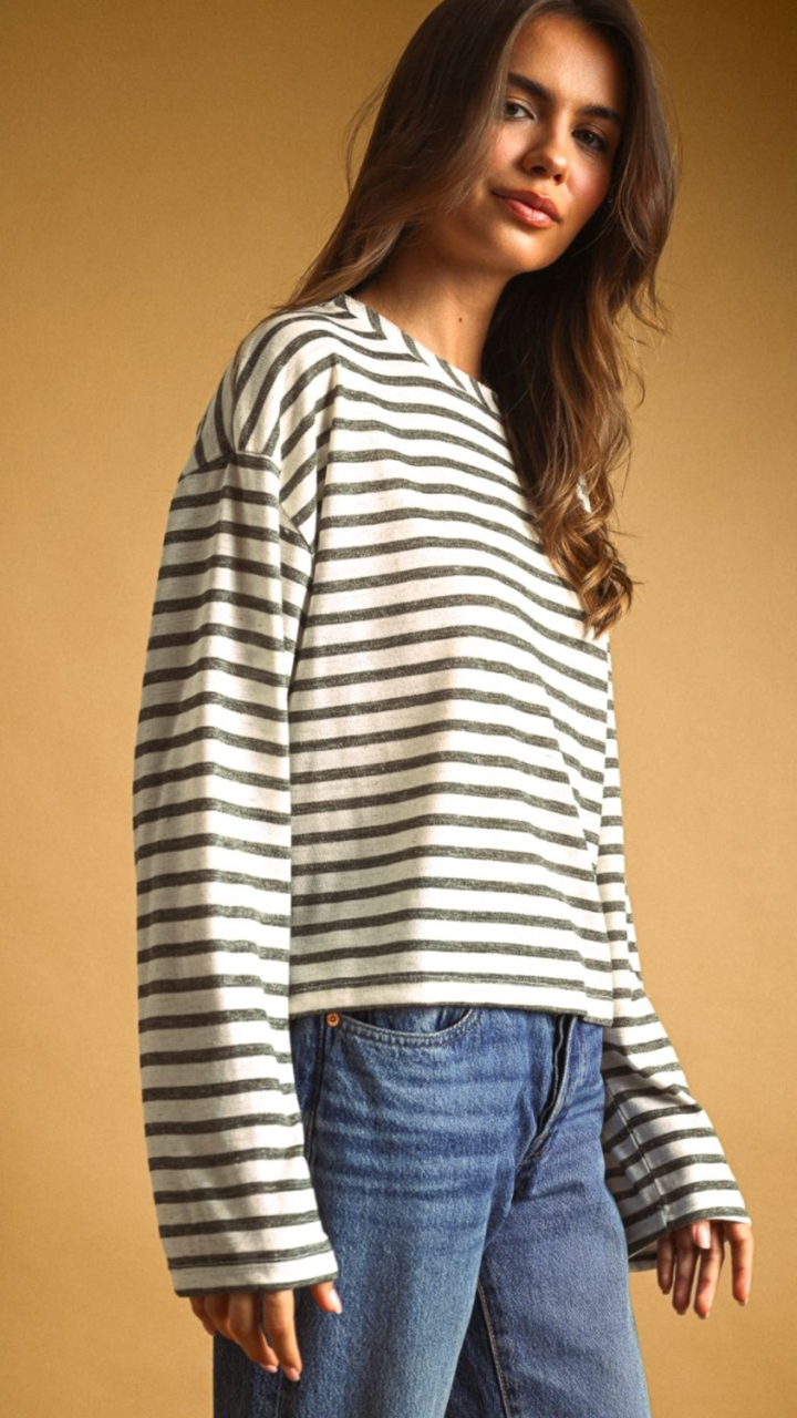 Olive Striped Slub Long Sleeve Top