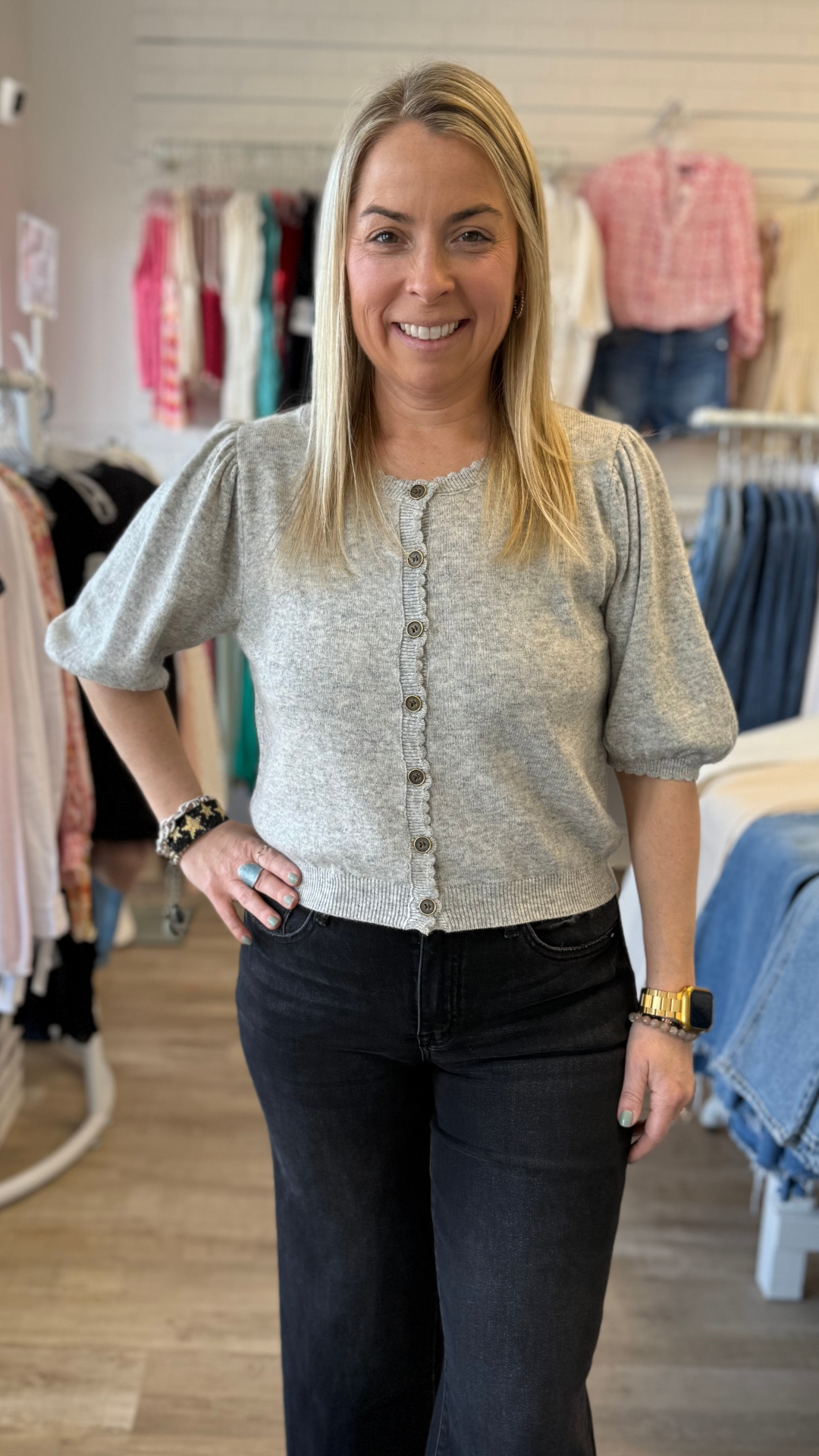 Puff Short Sleeve Button Down Knit Cardigan