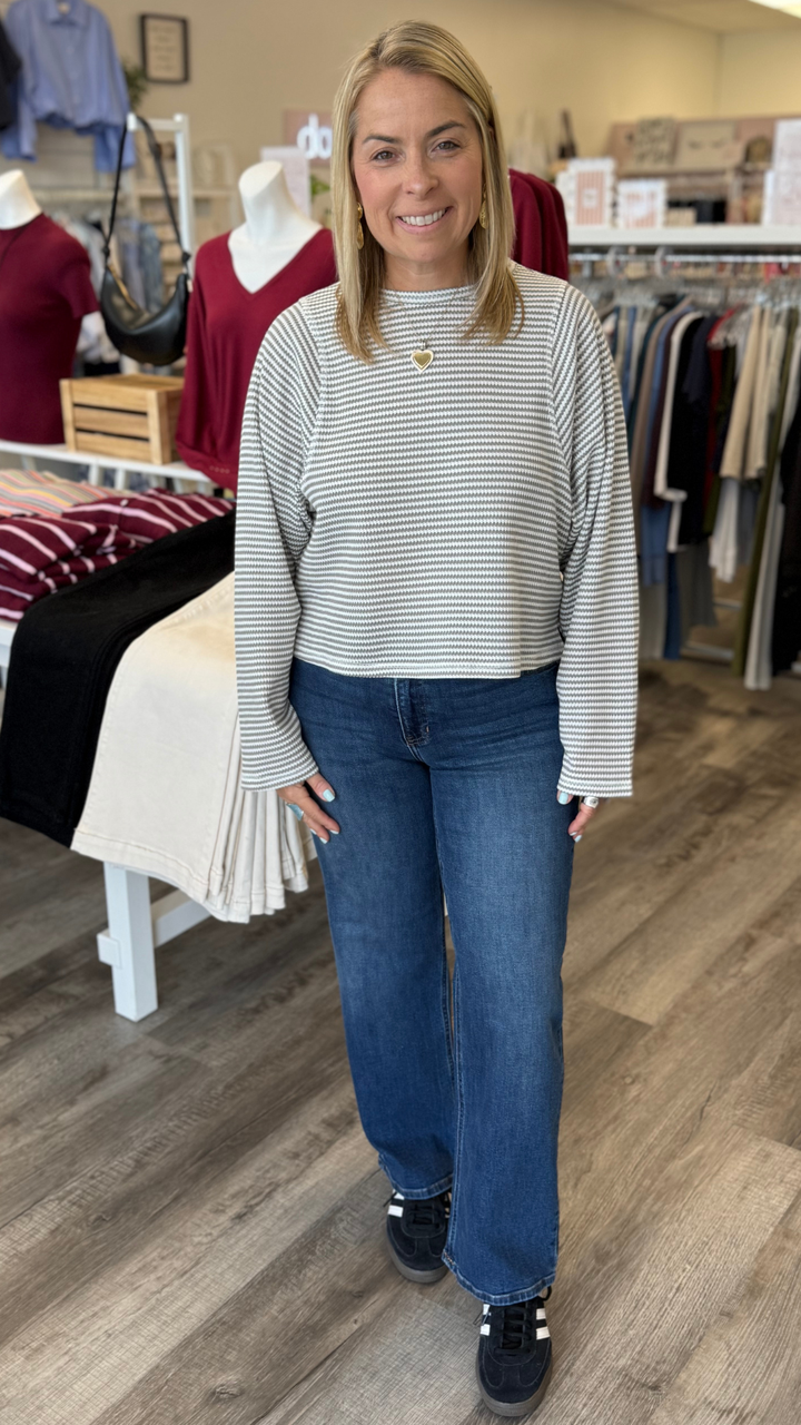 Grey Striped Waffle Long Sleeve Top
