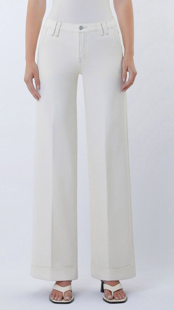 Mid Rise Ecru Full Length Trouser Pressed Cuffed Wide Leg Jeans