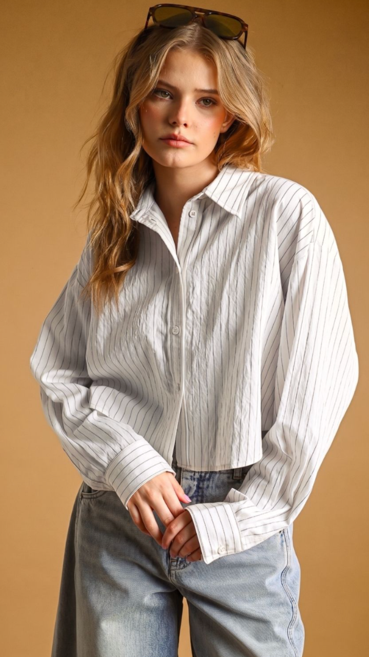 White Pin Stripe Buttondown Top
