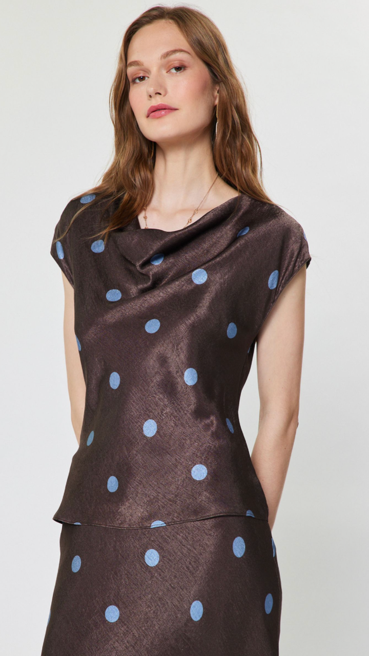 Polka Dot Draped Cowl Neck Blouse