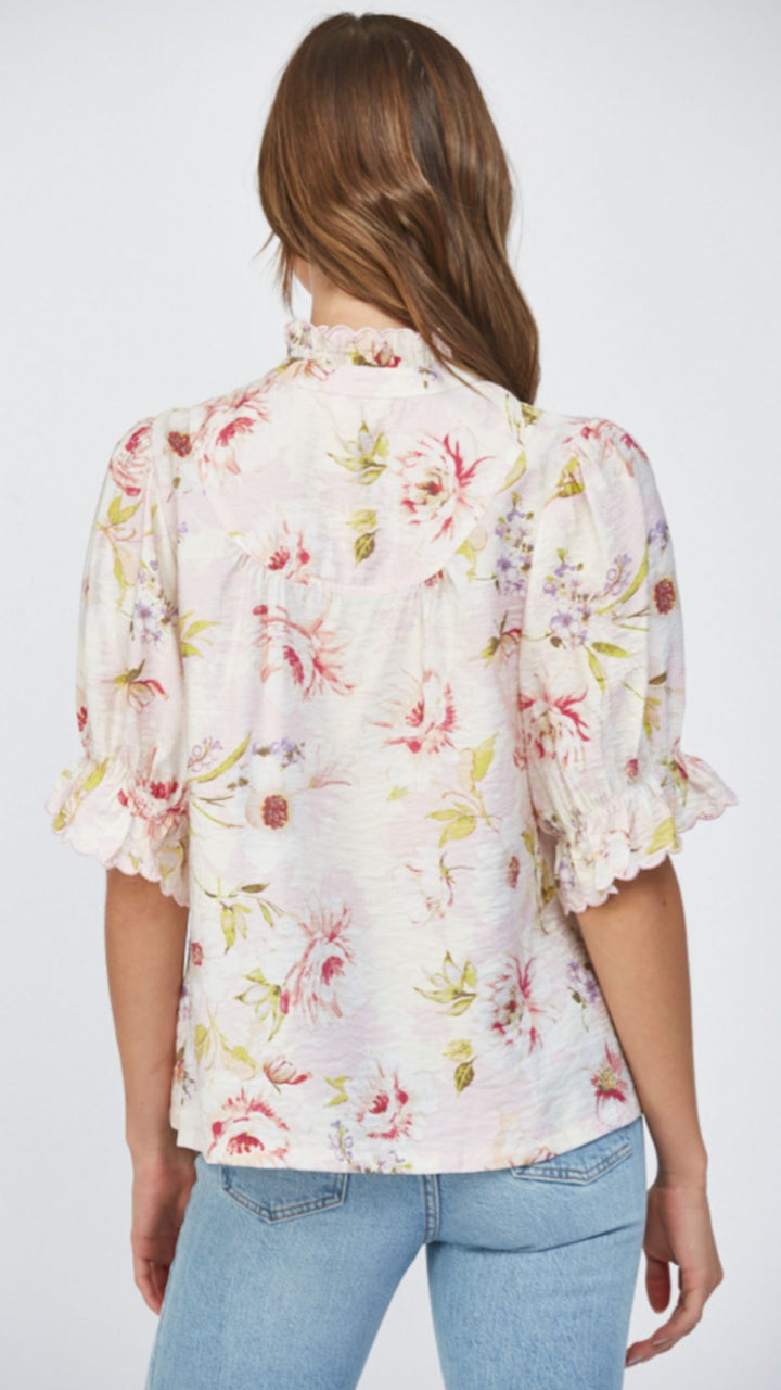 Ruffle Stand Collar Floral Blouse