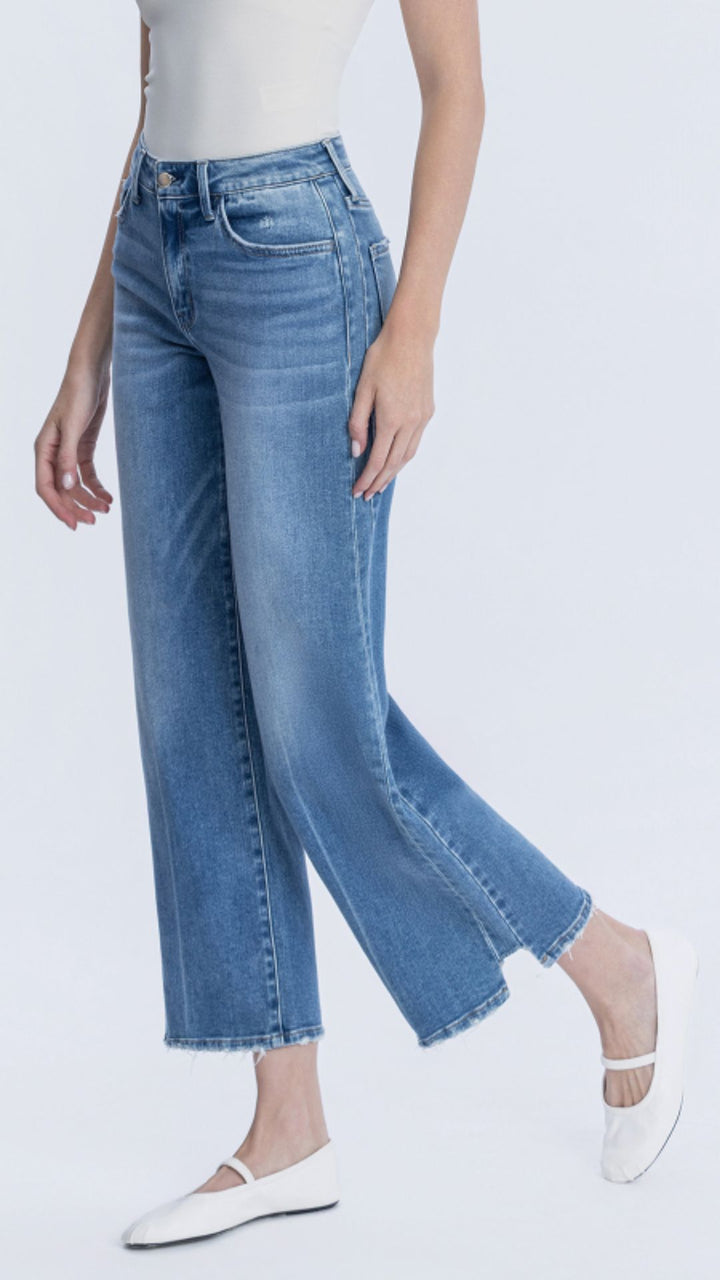 High Rise Medium Wash Side Panel Stem Hem Wide Leg Jeans