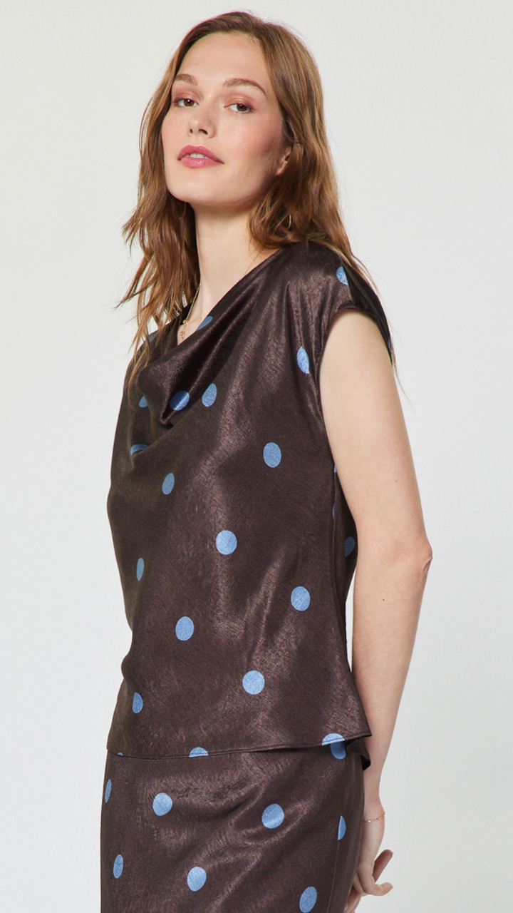 Polka Dot Draped Cowl Neck Blouse