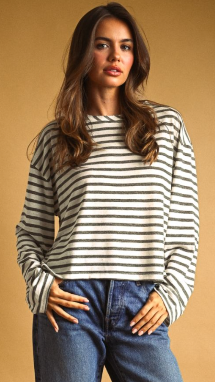 Olive Striped Slub Long Sleeve Top