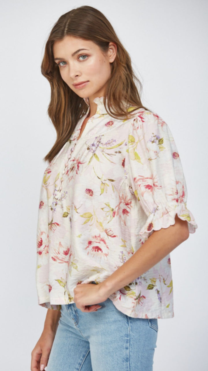 Ruffle Stand Collar Floral Blouse