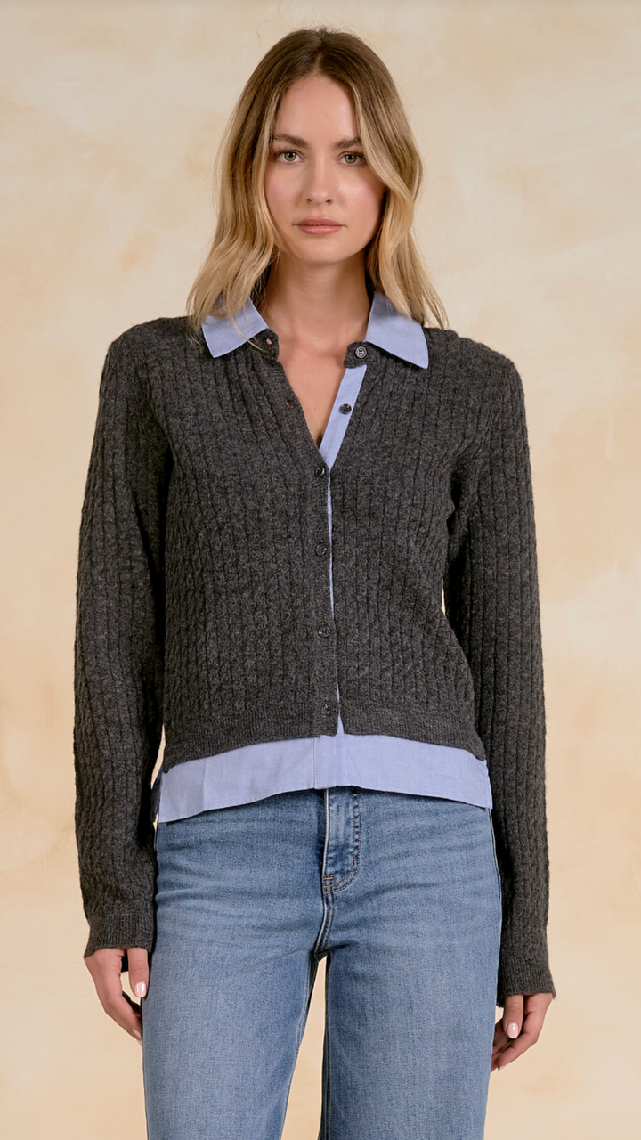 Charcoal Cardigan Sweater With Blue Collar Detail