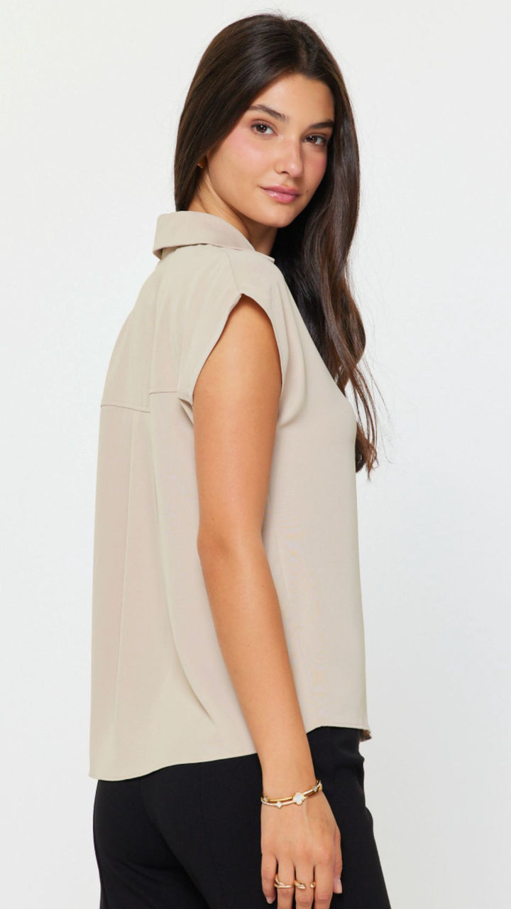 Taupe Cap Sleeve Buttoned Blouse