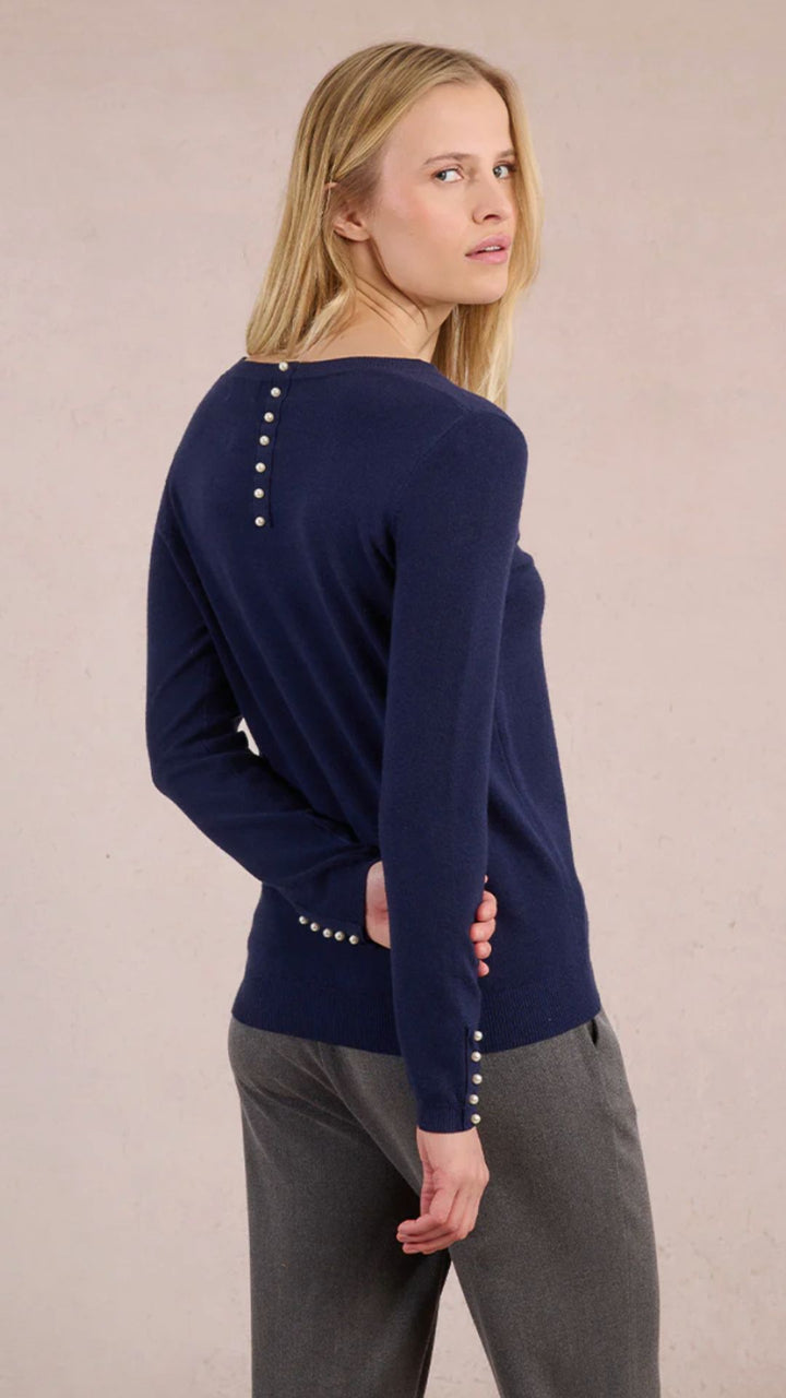 Navy Knit Sweater With Pearl Detail