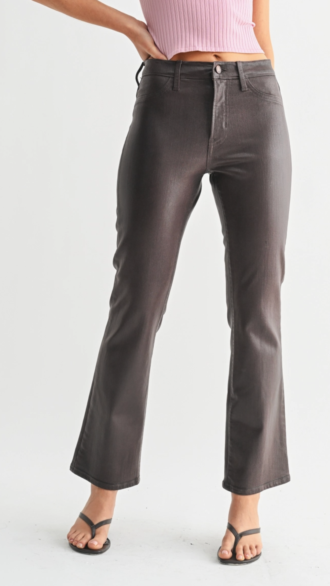 Mid Rise Coated Espresso Slim Cropped Bootcut Jeans
