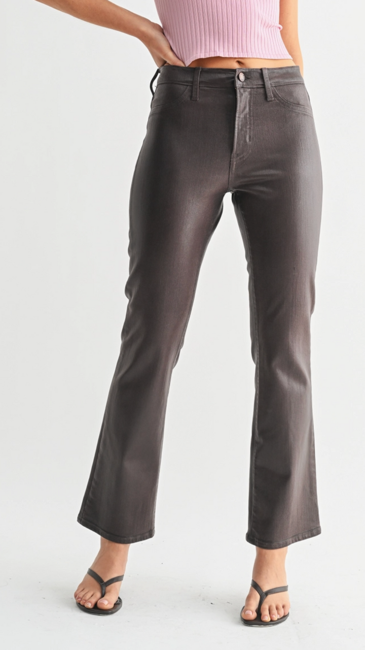 Mid Rise Coated Espresso Slim Cropped Bootcut Jeans