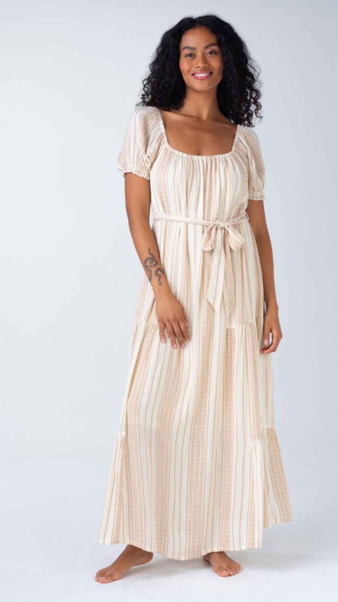 Striped Scoop Neck Puff Sleeve Tiered Maxi Dress