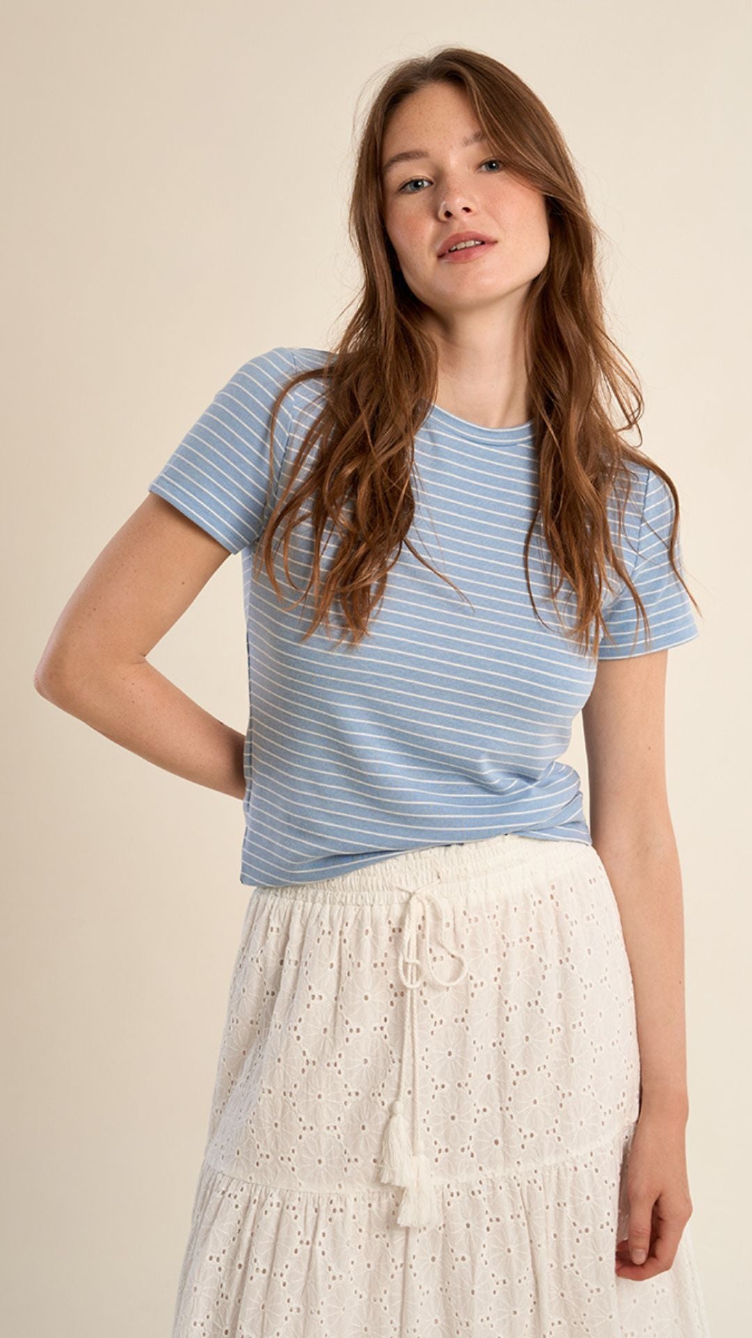 Blue Stripe Heart Embroidered Tee