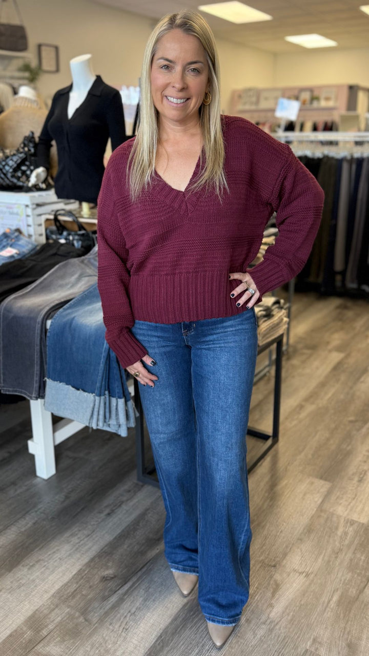 Burgundy Chunky V Neck Sweater