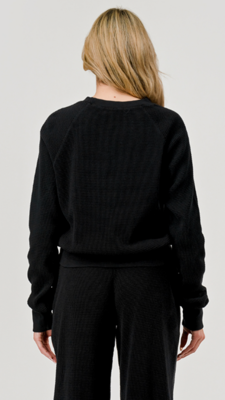 Black Cotton Thermal Waffle Vintage Dye Crew Neck