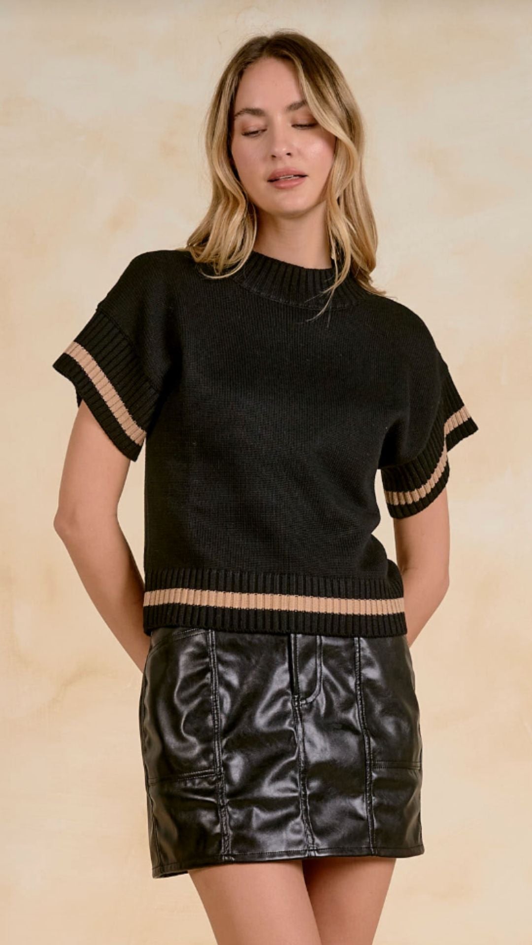 Black And Tan Trim Crew Neck Sweater