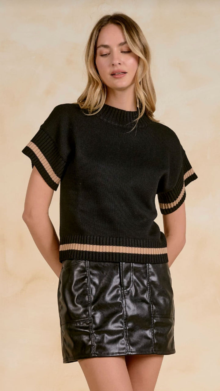 Black And Tan Trim Crew Neck Sweater