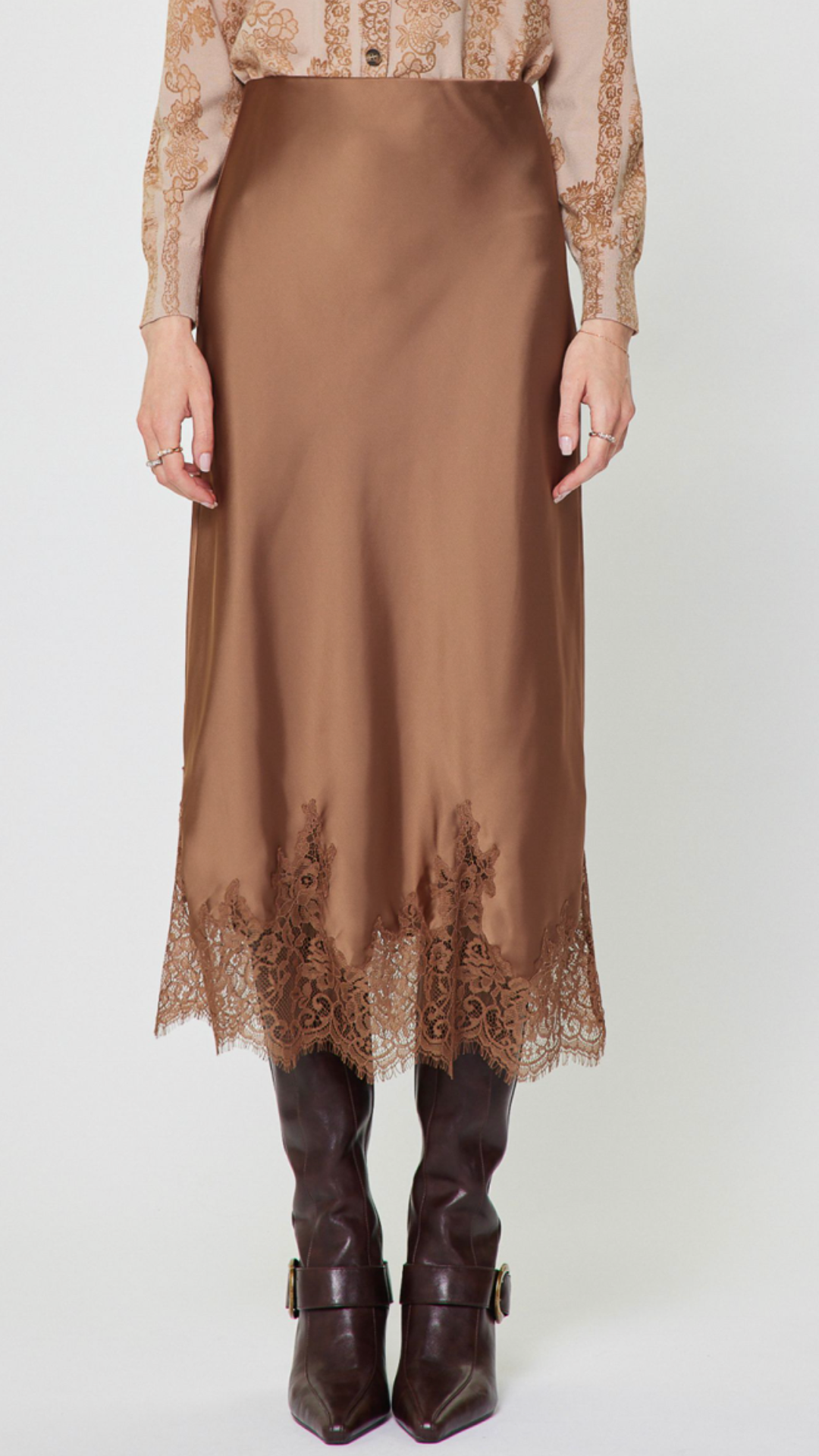 Mocha Mouse Lace Hem Satin Skirt