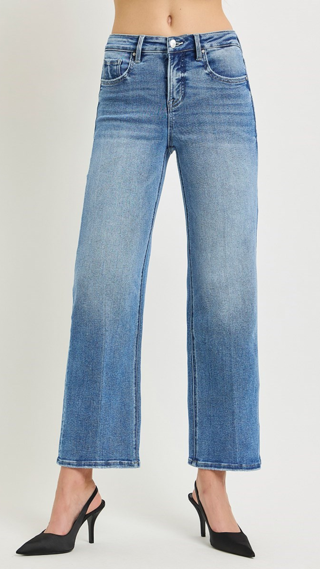 High Rise Medium Wash Tummy Control Creased Seam Full Length Straight Jeans