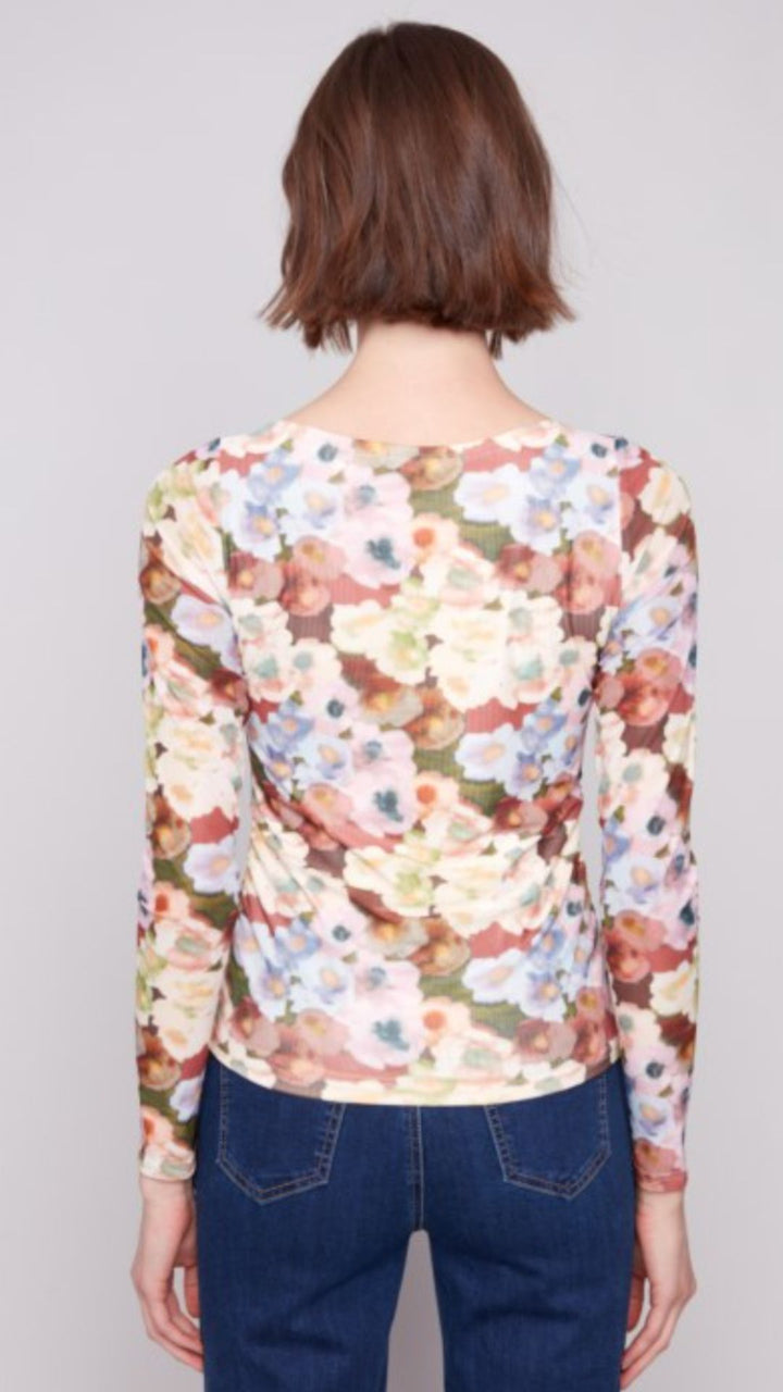 Botanical Printed Mesh Top With Gathering At Sides