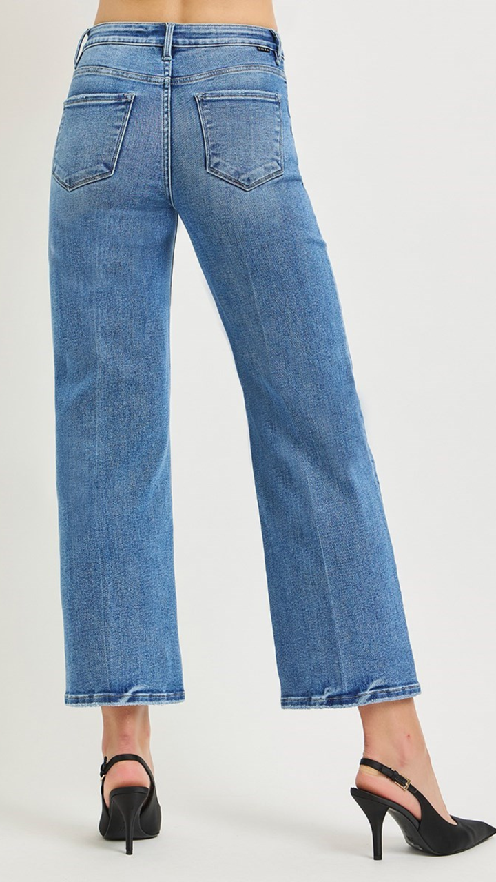 High Rise Medium Wash Tummy Control Creased Seam Full Length Straight Jeans