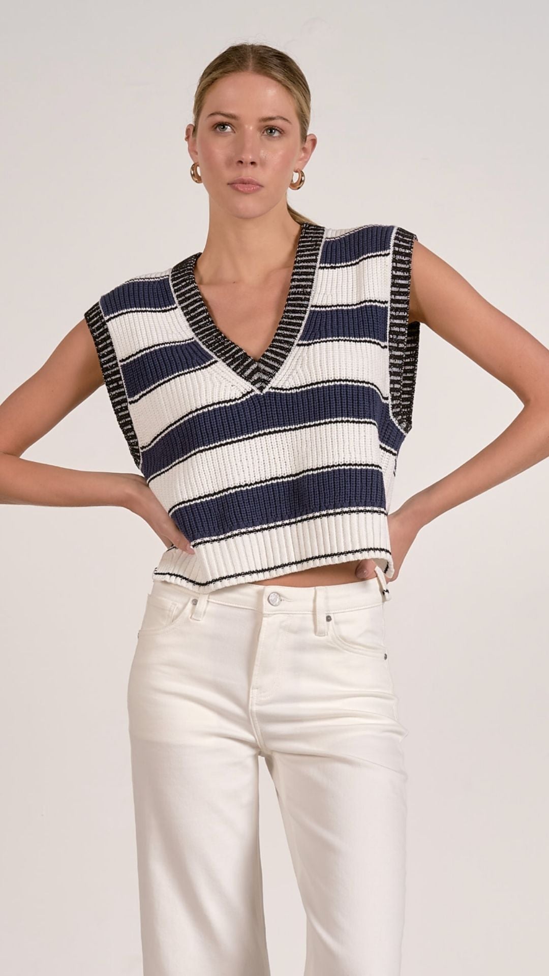 White Navy Stripe Sleeveless Sweater Vest