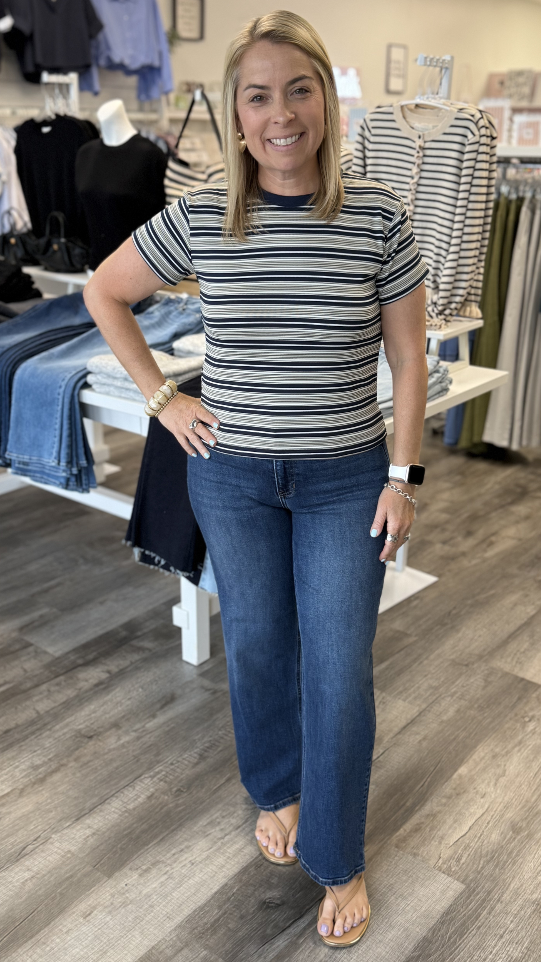Navy Cream And Olive Striped Tee