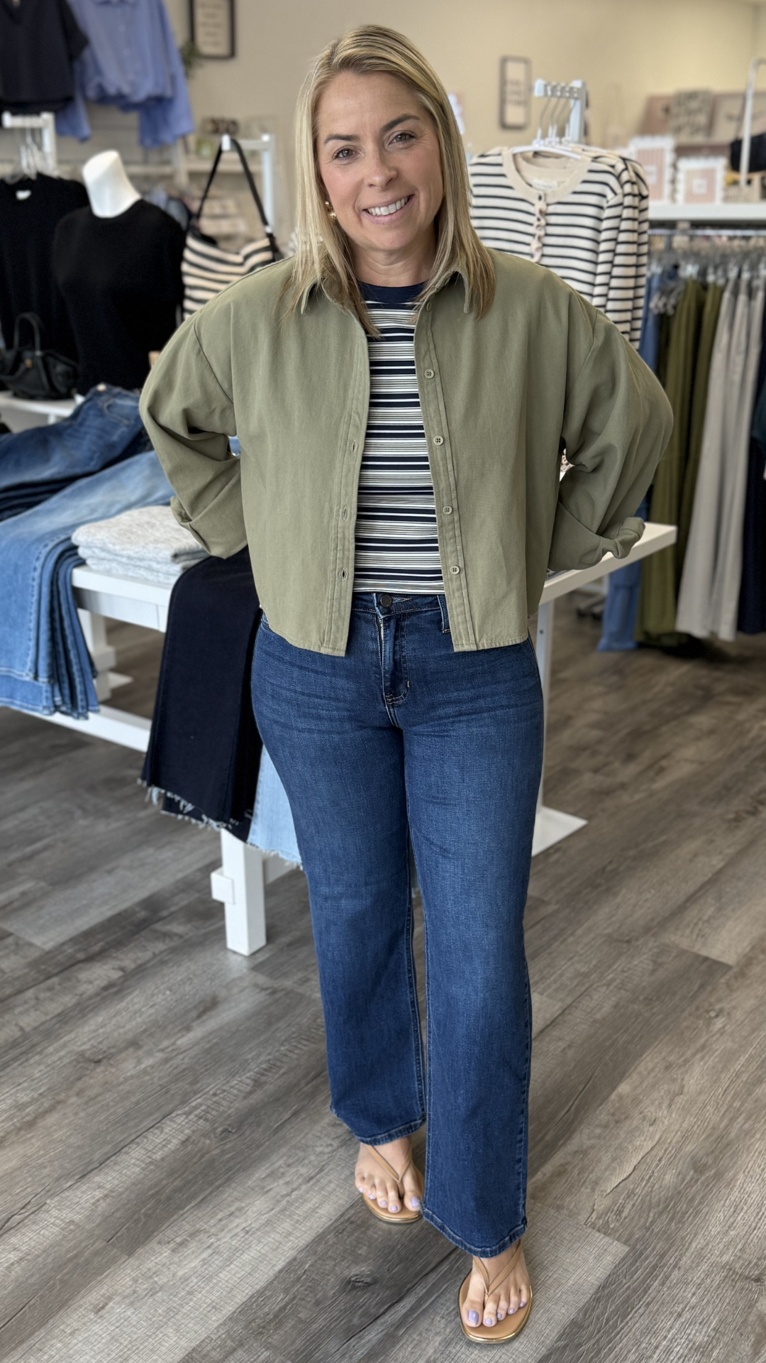 Navy Cream And Olive Striped Tee