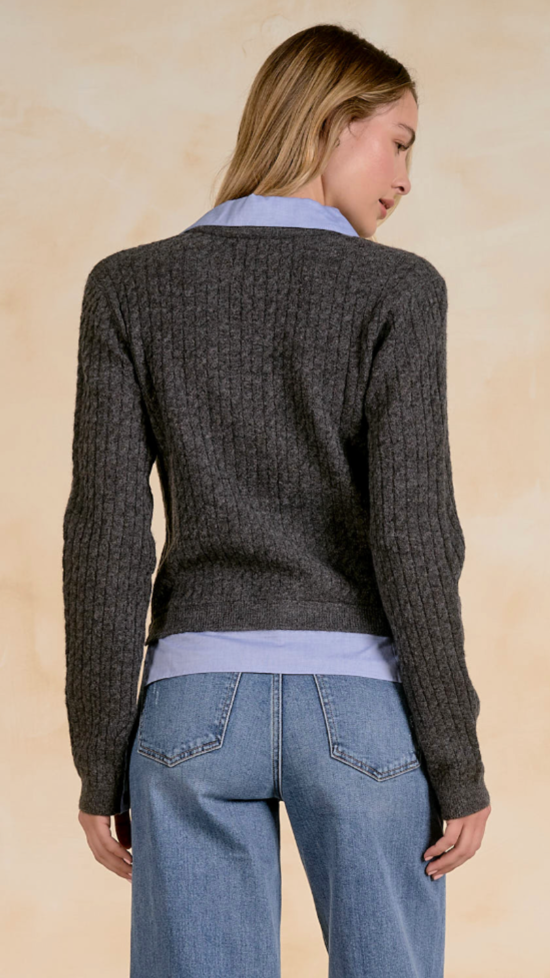 Charcoal Cardigan Sweater With Blue Collar Detail