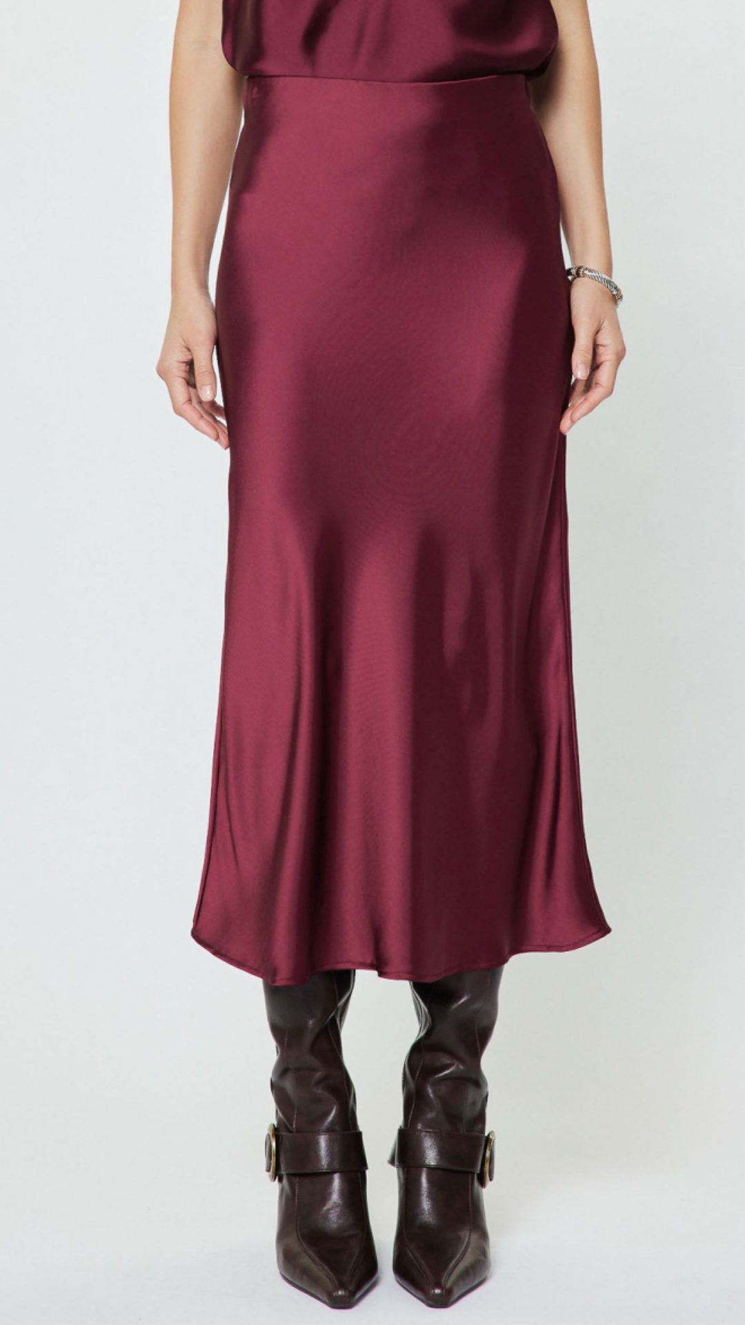Burgundy Silk Midi Skirt