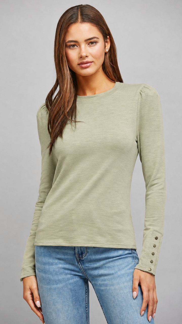Sage Slub Knit Puff Sleeve Top