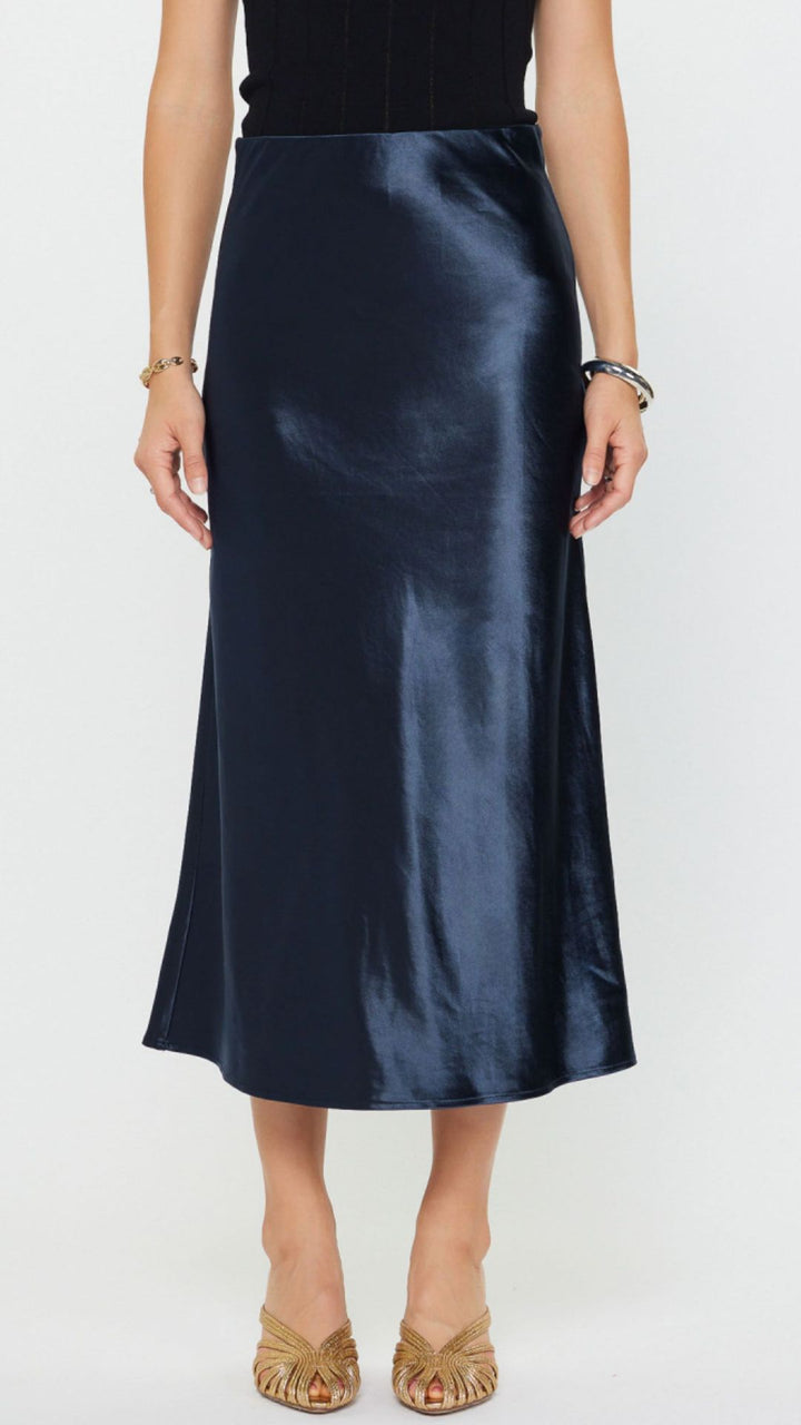 Navy Metallic Silk Midi Skirt