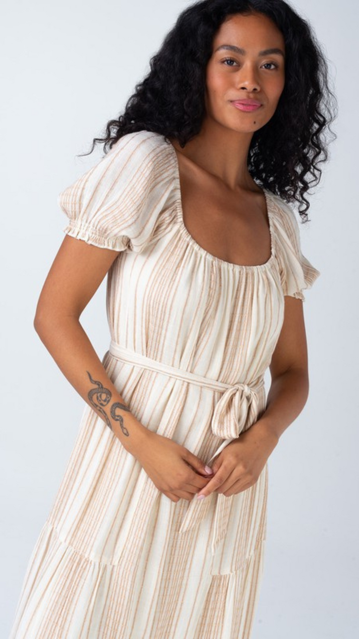 Striped Scoop Neck Puff Sleeve Tiered Maxi Dress