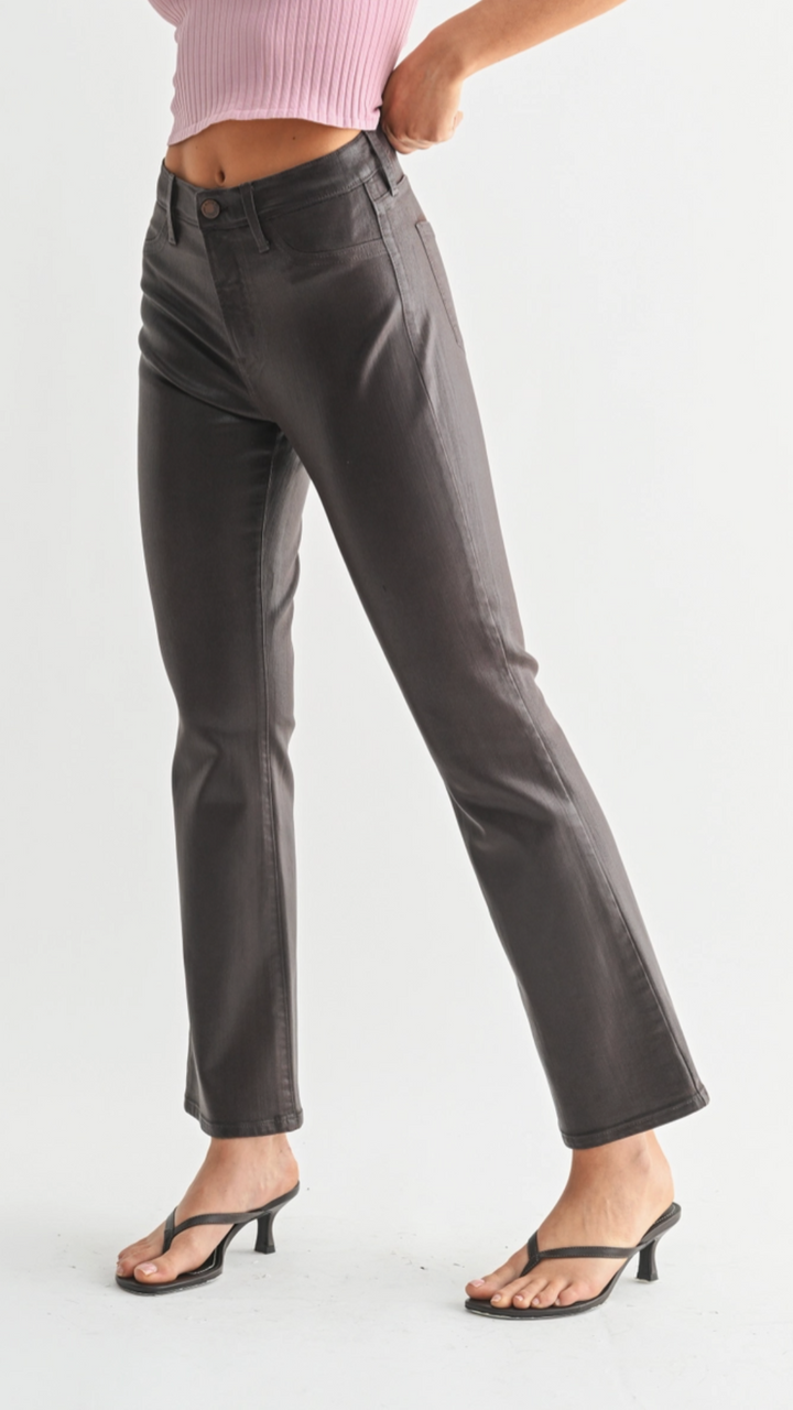 Mid Rise Coated Espresso Slim Cropped Bootcut Jeans