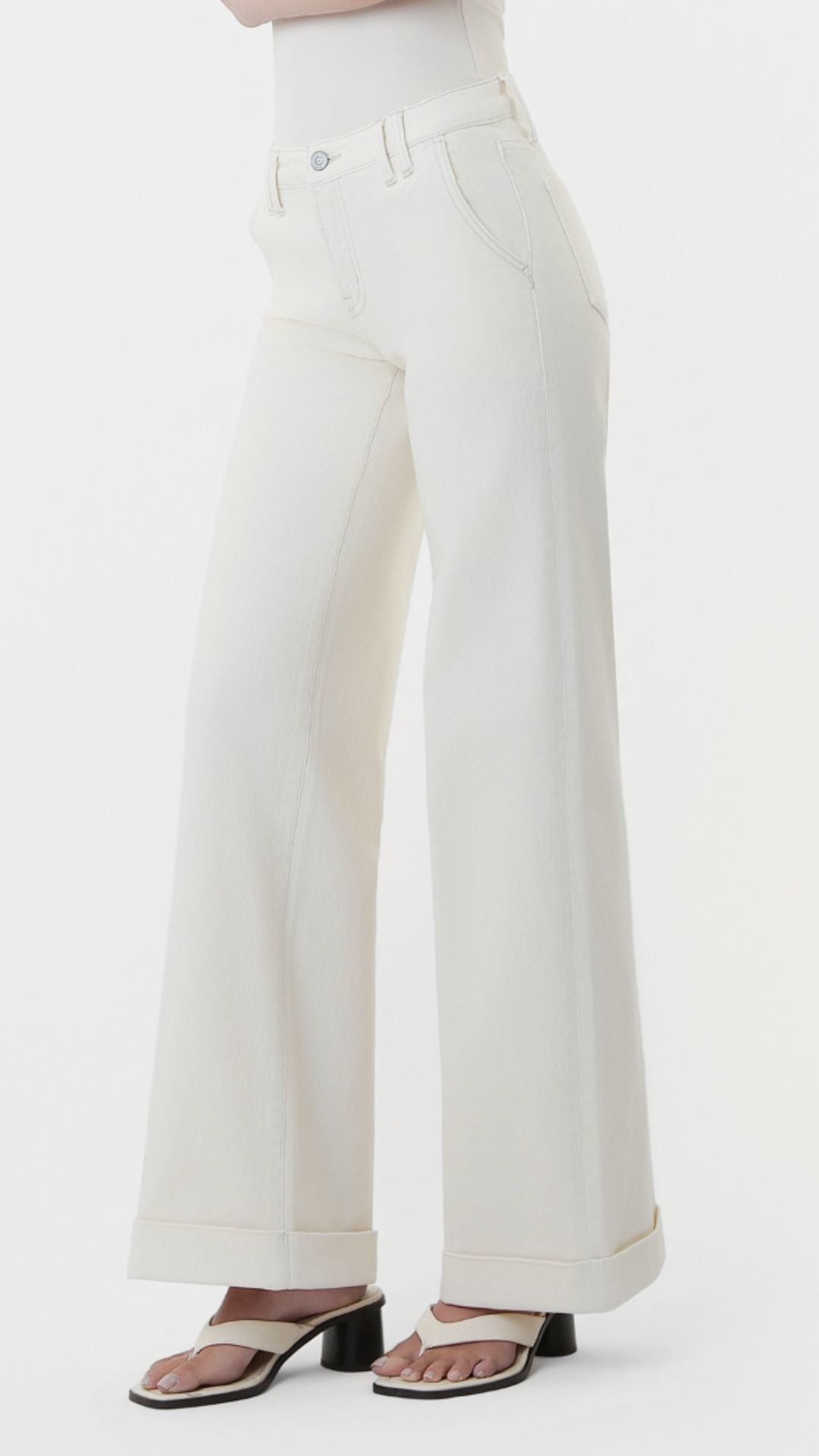 Mid Rise Ecru Full Length Trouser Pressed Cuffed Wide Leg Jeans