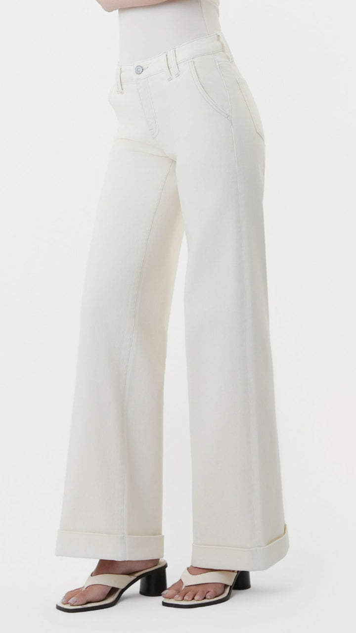 Mid Rise Ecru Full Length Trouser Pressed Cuffed Wide Leg Jeans