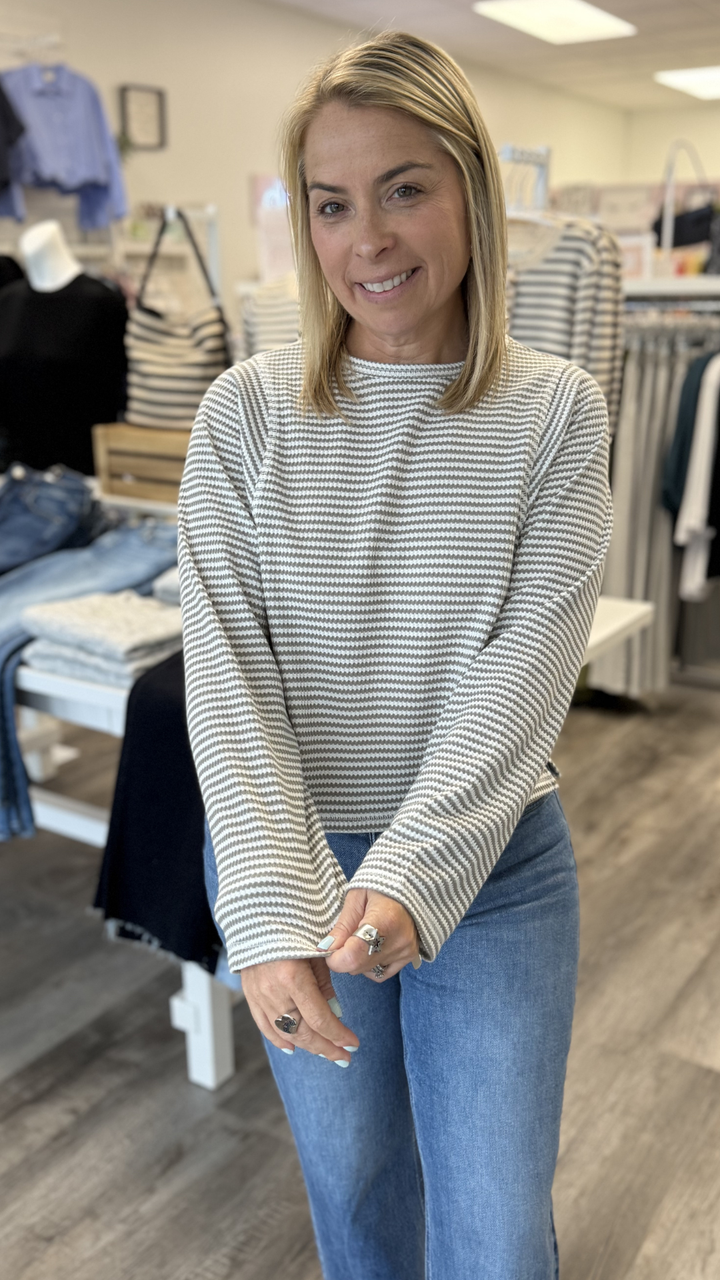 Grey Striped Waffle Long Sleeve Top
