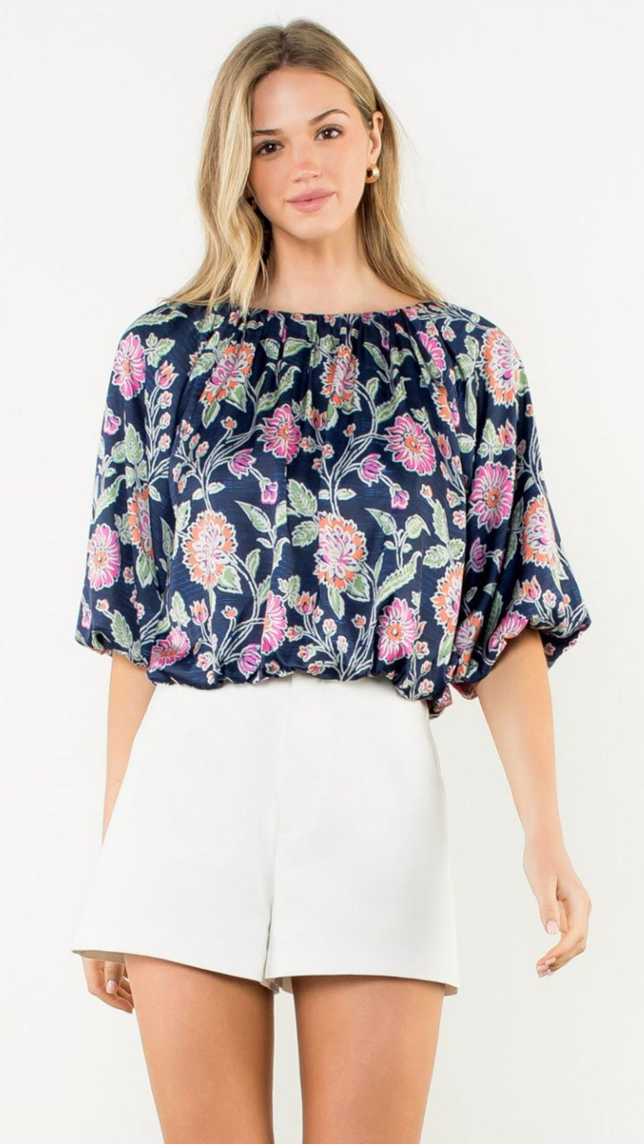 Floral Boatneck Balloon Sleeve Blouse
