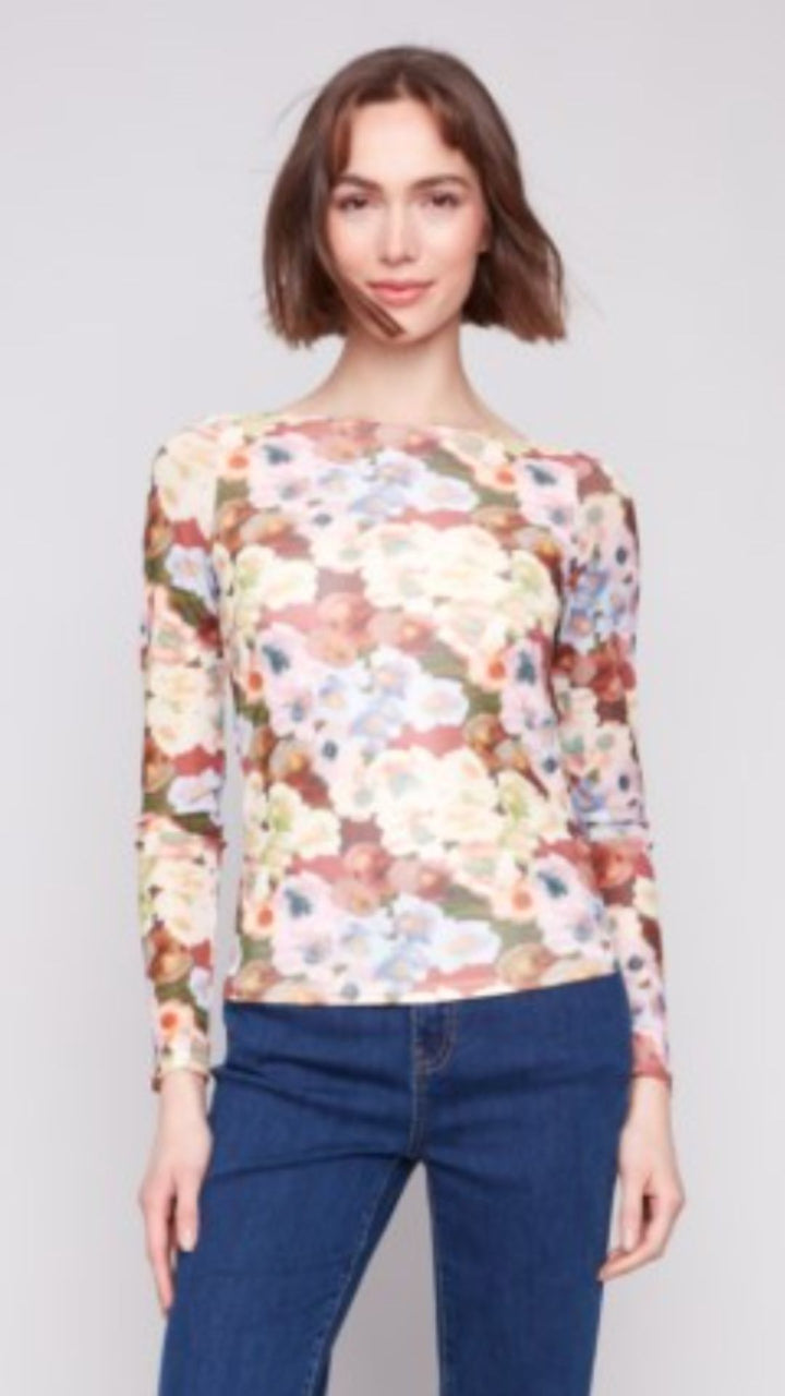 Botanical Printed Mesh Top With Gathering At Sides