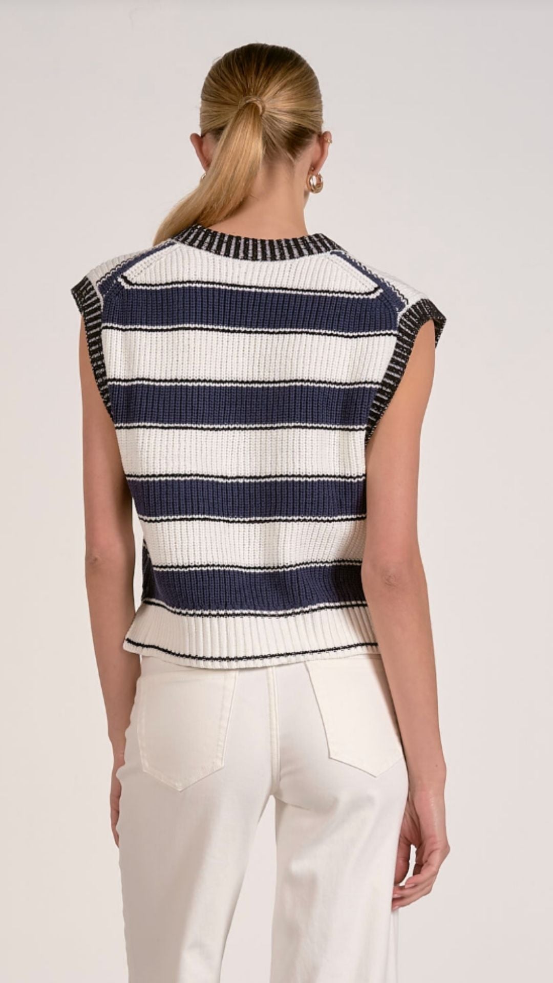 White Navy Stripe Sleeveless Sweater Vest
