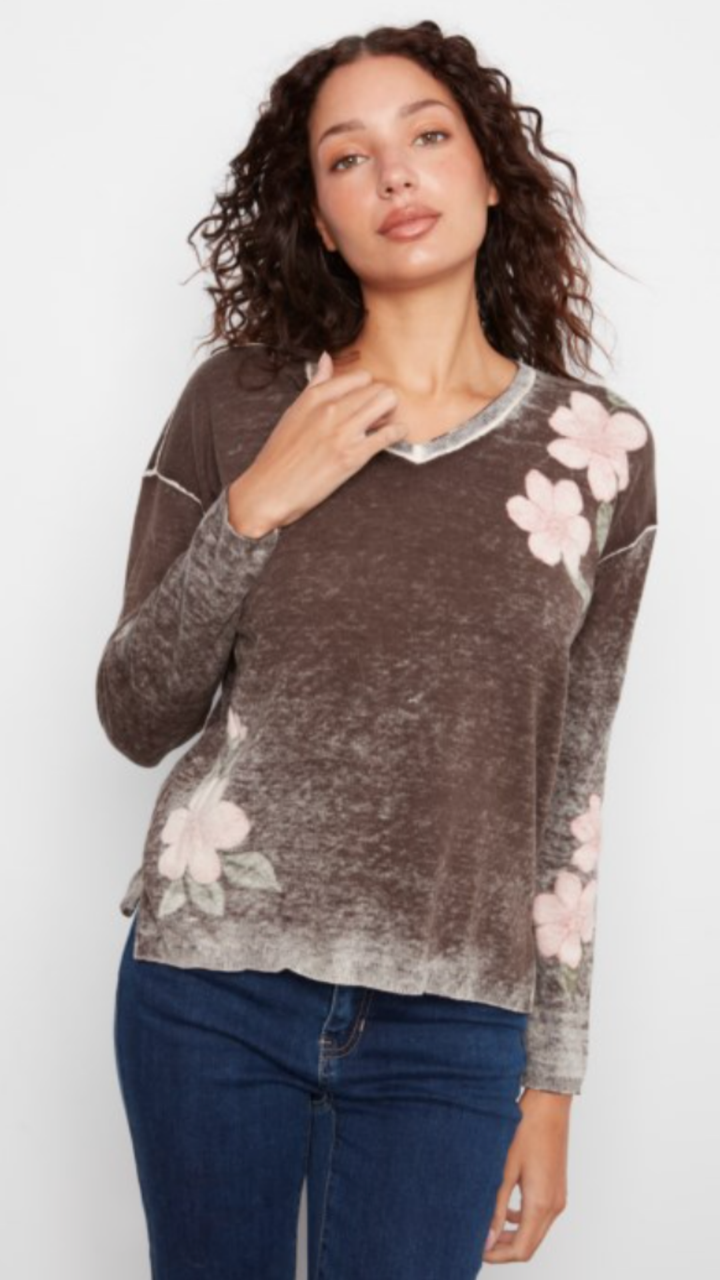 Coffee Floral Reversible V Neck Sweater