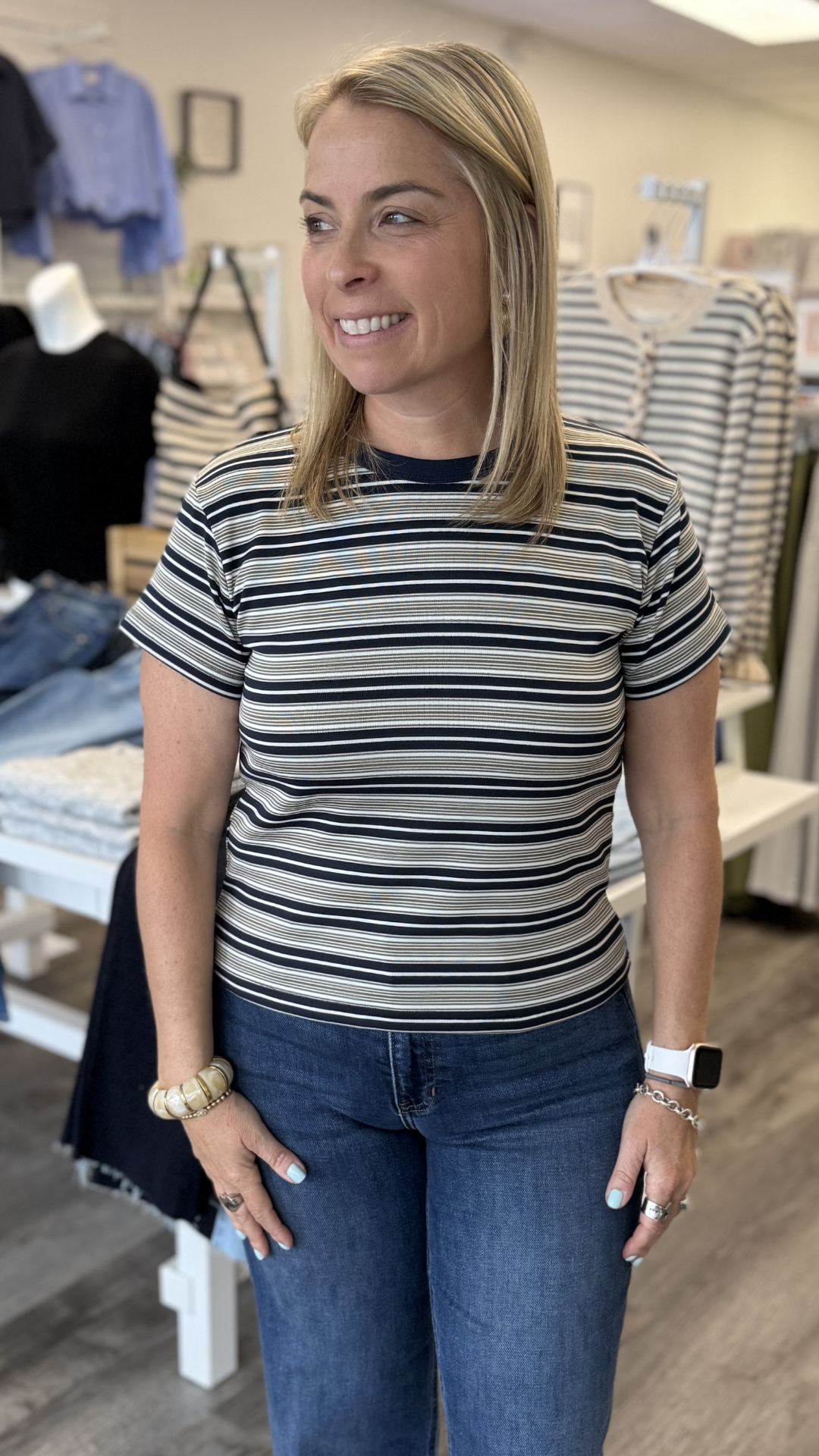 Navy Cream And Olive Striped Tee