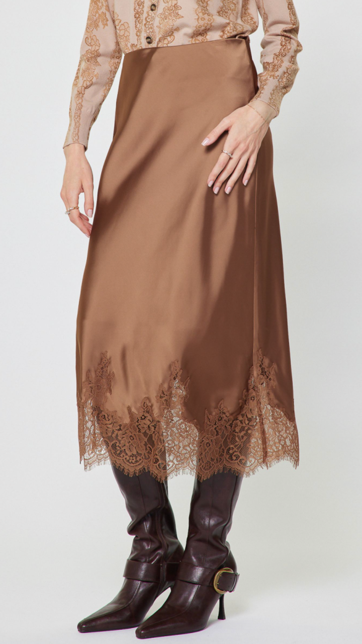 Mocha Mouse Lace Hem Satin Skirt