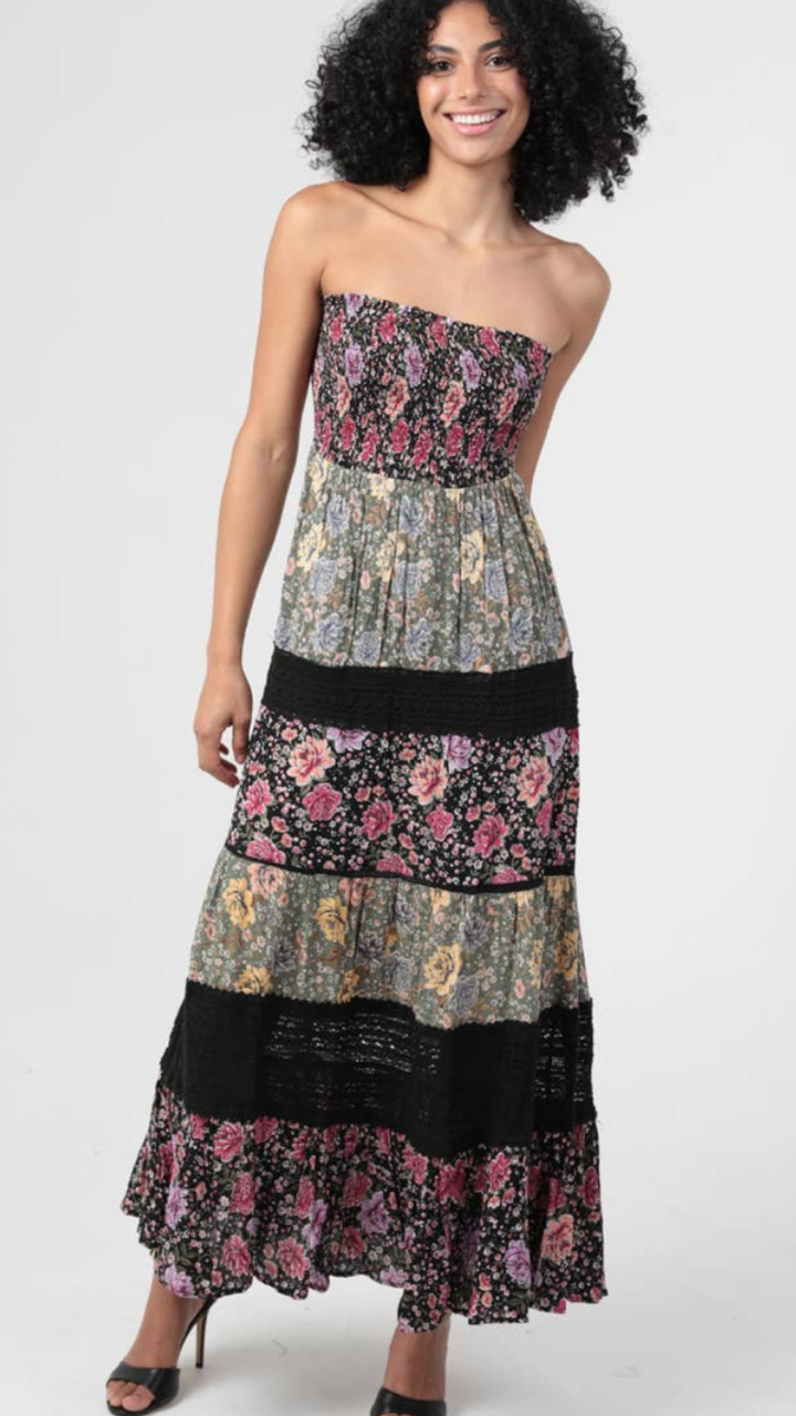 Mixed Print Lace Trim Smocked Bodice Maxi Dress